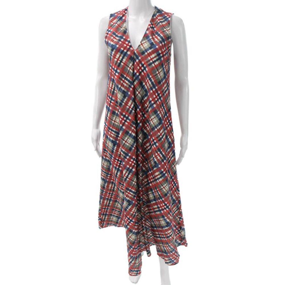 QL2 Womens Maxi Dress Multicolor Linen V-Neck Sleeveless Mid-Calf Plaid Size 42